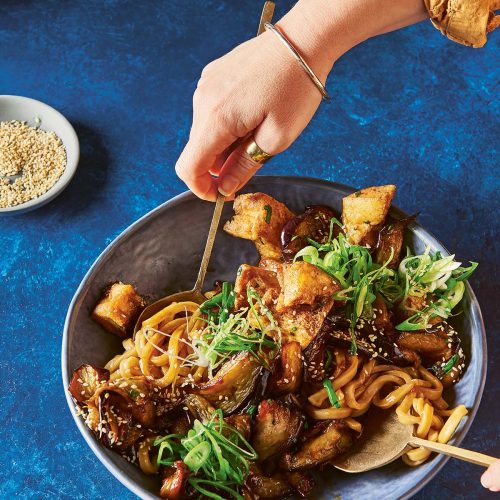 Sticky eggplant, tofu and noodle salad